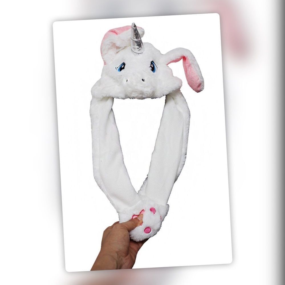 WHITE Plush Funny Unicorn Hat Scarf Squeeze Paw Lift Ear